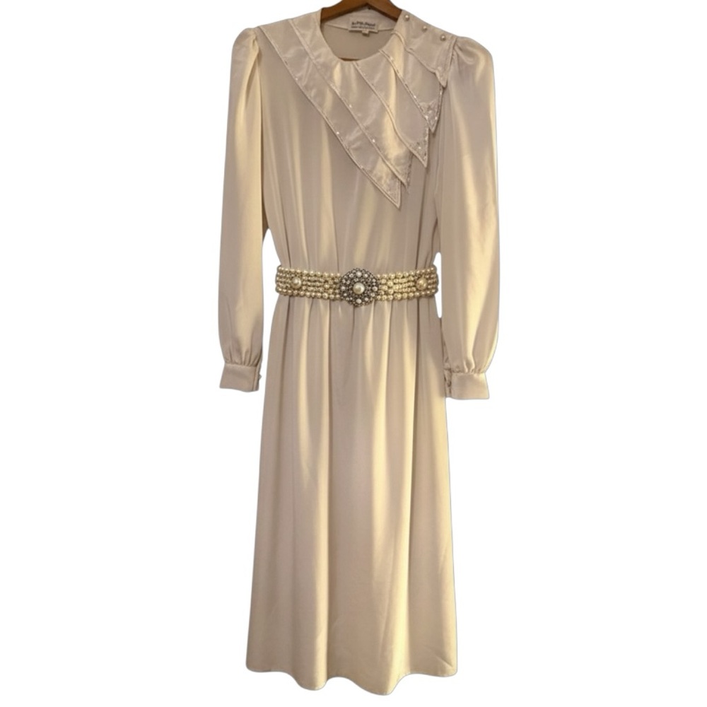 IN THE MOOD 80s Ivory LS Midi Shift Dress w/Sequins Embroidery & Pearls Sz 12